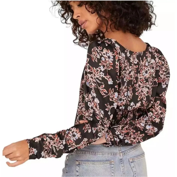 Free People Ruched Smock Santiago Blouse in Black Floral Size Large - Picture 2 of 12